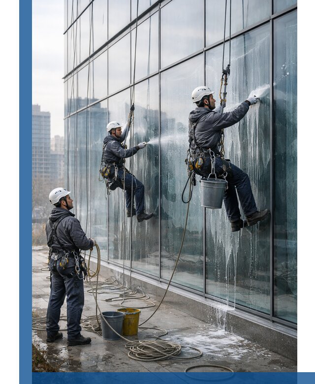 Промышленная мойка панорамных окон на высоте в Новодвинске