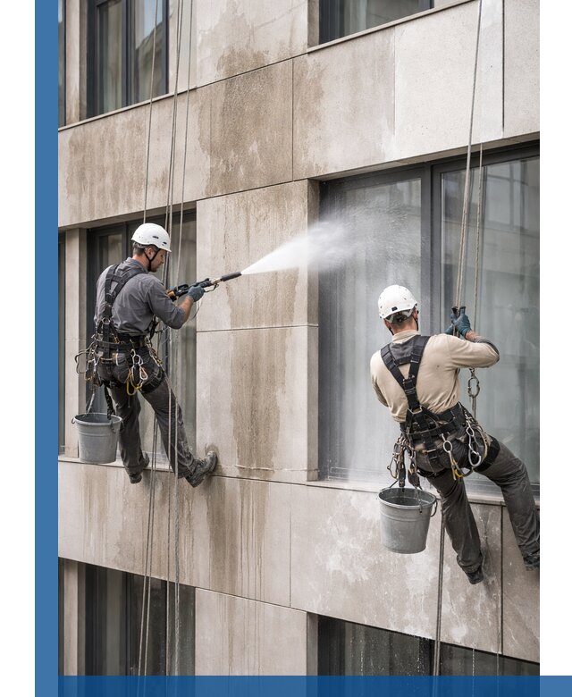 Послестроительная мойка фасада промышленным альпинизмом в Новодвинске