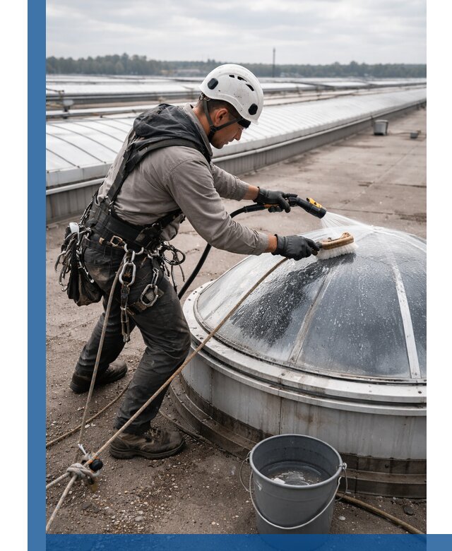 Мойка зенитных фонарей на кровле для промышленных объектов в Новодвинске