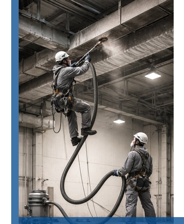 Обеспыливание потолочных конструкций в Новодвинске промышленным альпинизмом