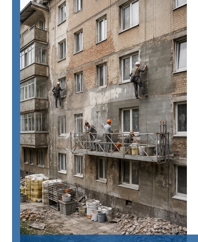 Капитальный ремонт фасада в Новодвинске с восстановлением и гидроизоляцией