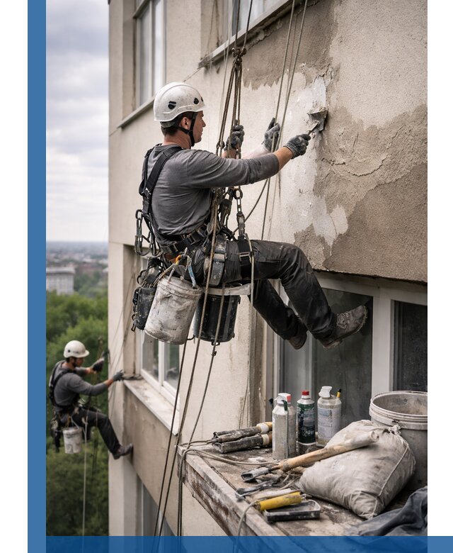 Косметический ремонт фасада зданий в Новодвинске промышленными альпинистами