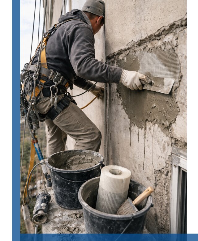 Ремонт бетонных элементов фасада промышленными альпинистами в Новодвинске