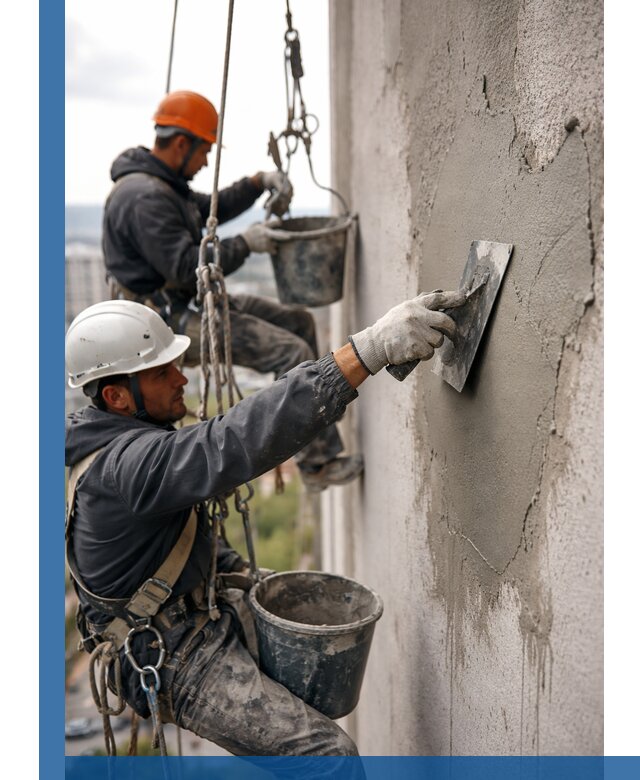 Штукатурка фасада на высоте в Новодвинске профессиональные работы