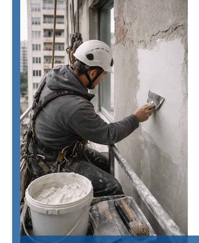 Шпаклевка фасадов на высоте с промальпинистами в Новодвинске