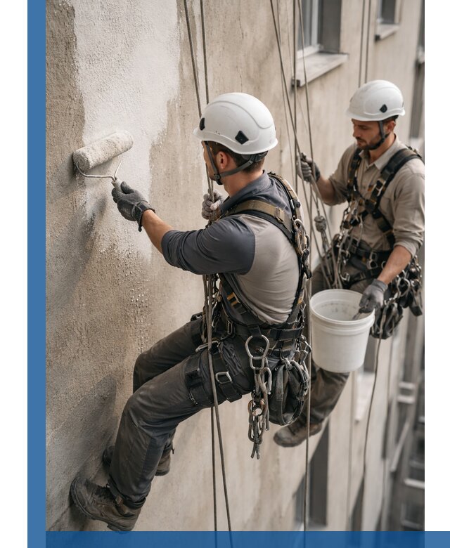 Грунтовка фасада на высоте в Новодвинске промышленными альпинистами