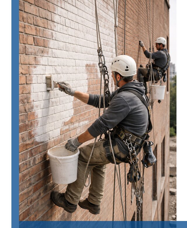 Покраска кирпичного фасада с доступным альпинистским сервисом в Новодвинске