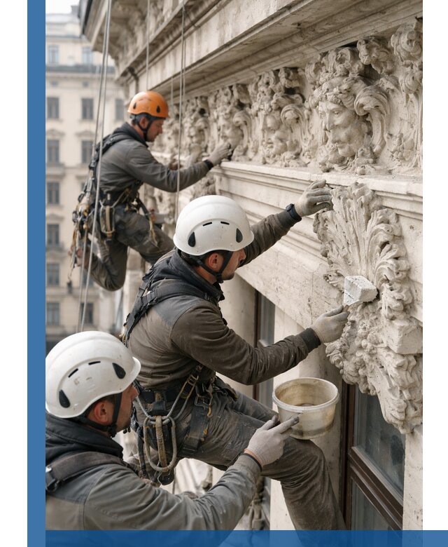 Реставрация фасадной лепнины с высотными работами в Новодвинске