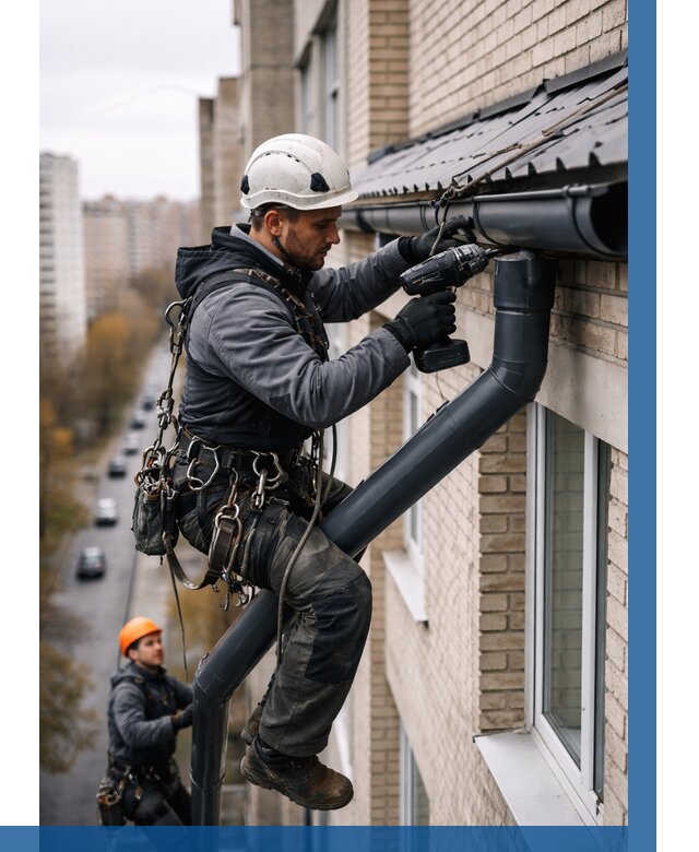 Монтаж водосточной системы на здании в Новодвинске от 5114 р. | ВЫСОТНИК-Нвд