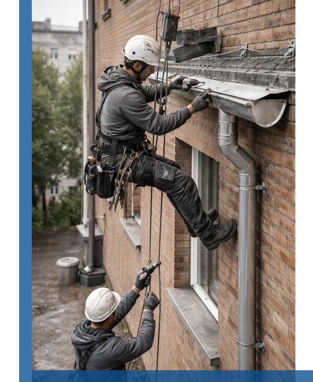 Монтаж водосточной системы на здании в Новодвинске под ключ