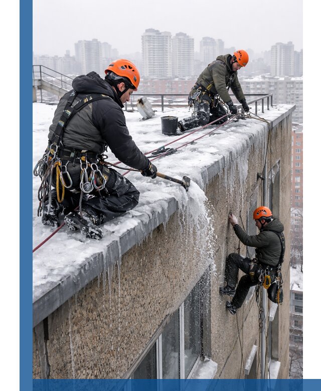 Удаление наледи с кровли в Новодвинске промышленными альпинистами