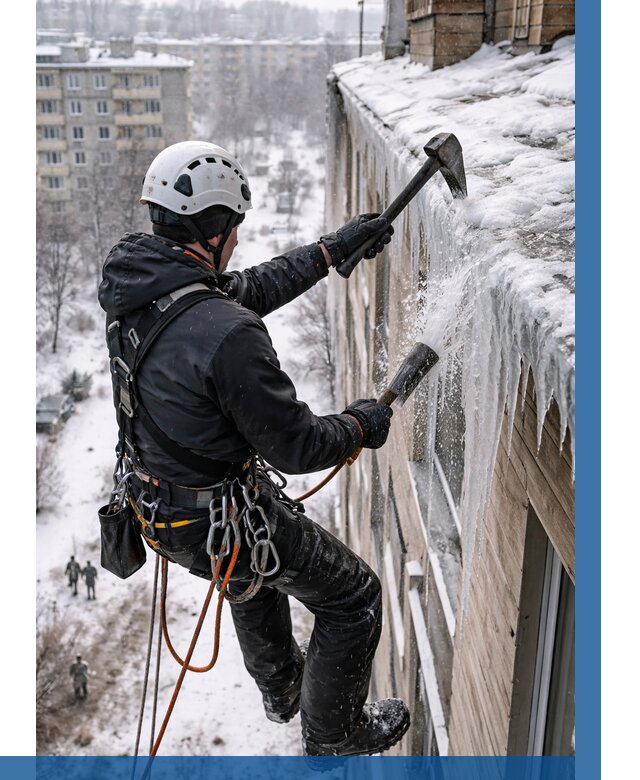 Сбивание сосулек с крыши в Новодвинске по цене от 4602 р. | ВЫСОТНИК-Нвд