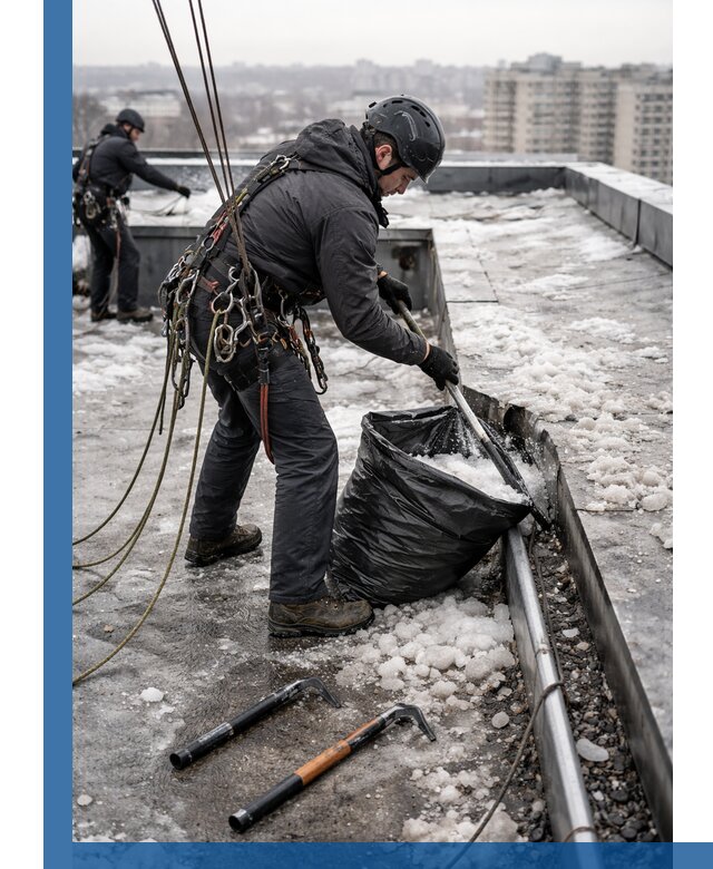 Аварийная очистка кровли в Новодвинске от промальпинистов