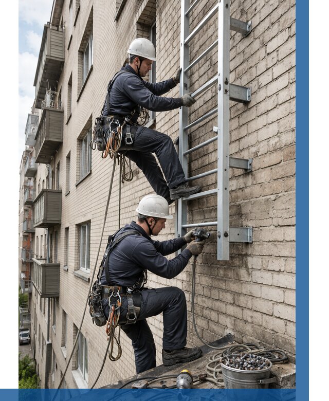 Монтаж пожарной лестницы в Новодвинске от 25568 р заказать у ВЫСОТНИК-Нвд