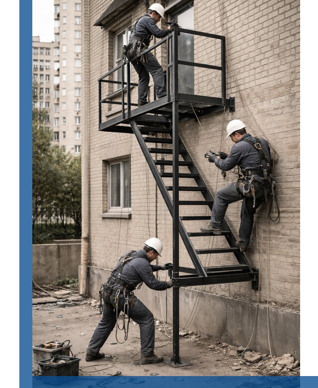 Монтаж пожарной лестницы в Новодвинске, установка и крепление