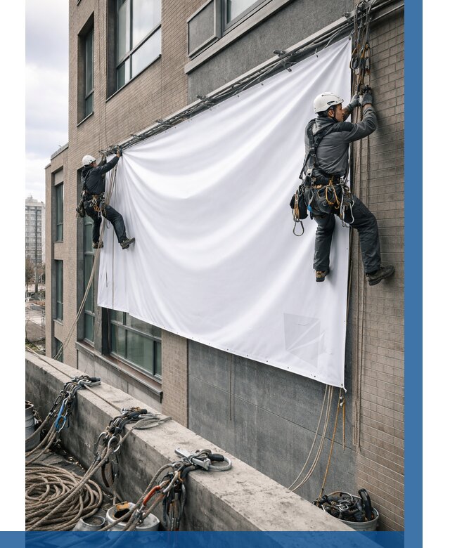 Монтаж баннеров на фасаде в Новодвинске от 665 р. заказать ВЫСОТНИК-Нвд