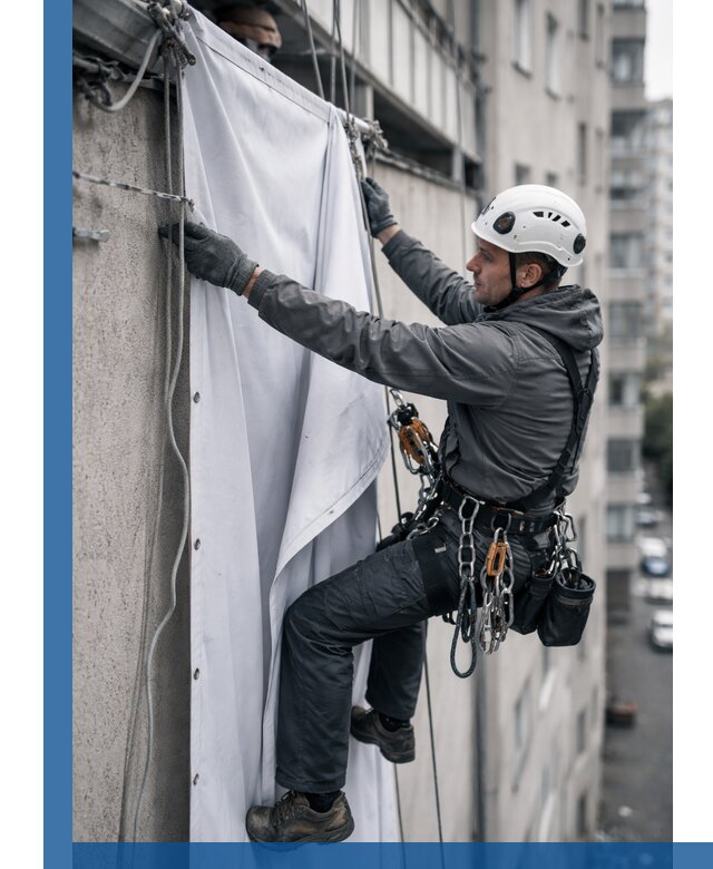 Замена баннерного полотна промышленными альпинистами в Новодвинске