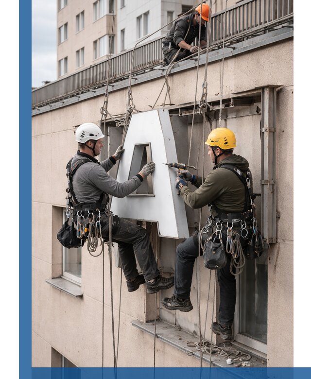 Ремонт и восстановление наружных вывесок на высоте в Новодвинске