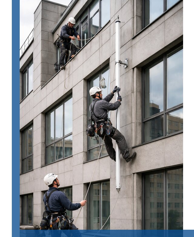 Монтаж флагштока на фасаде здания с креплением и герметикой в Новодвинске