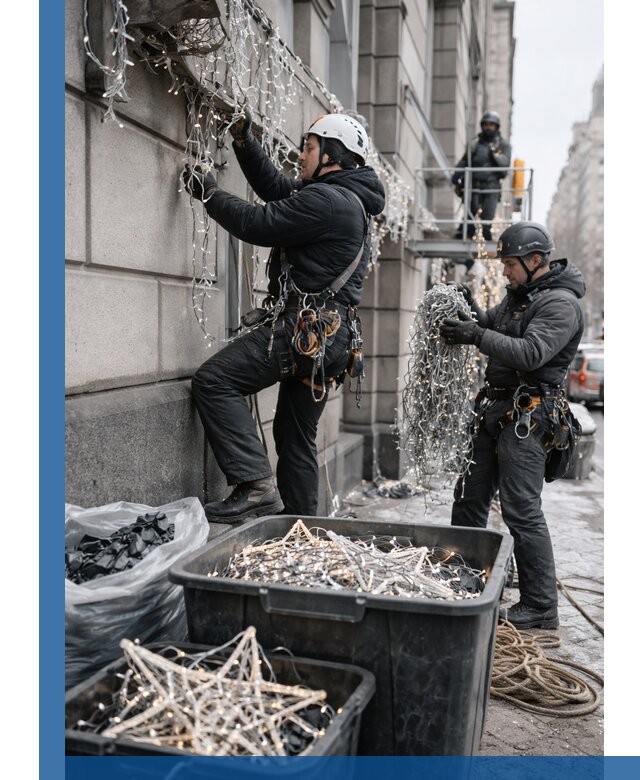 Демонтаж новогоднего оформления и гирлянд в Новодвинске