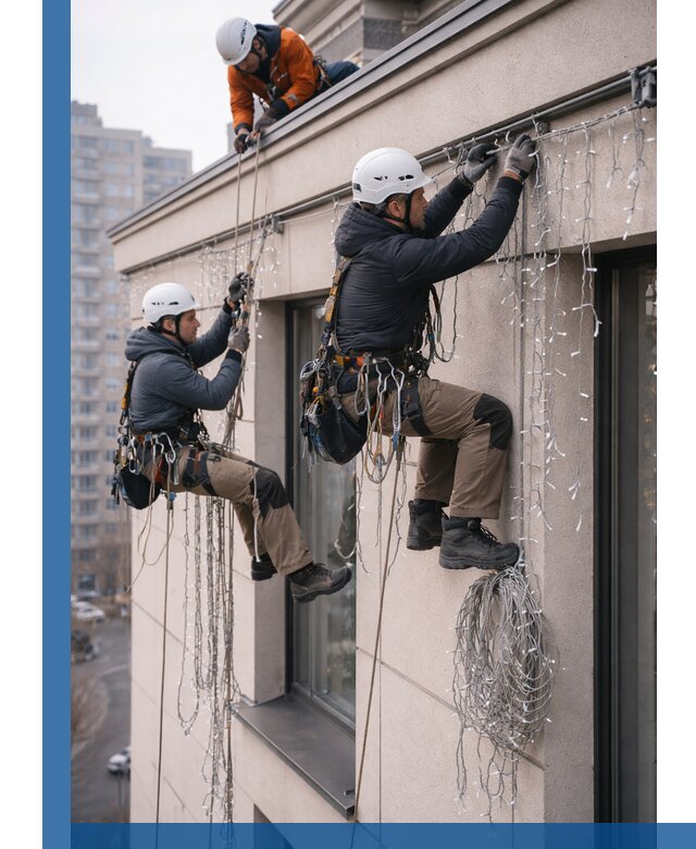 Монтаж праздничных гирлянд на фасаде в Новодвинске для зданий