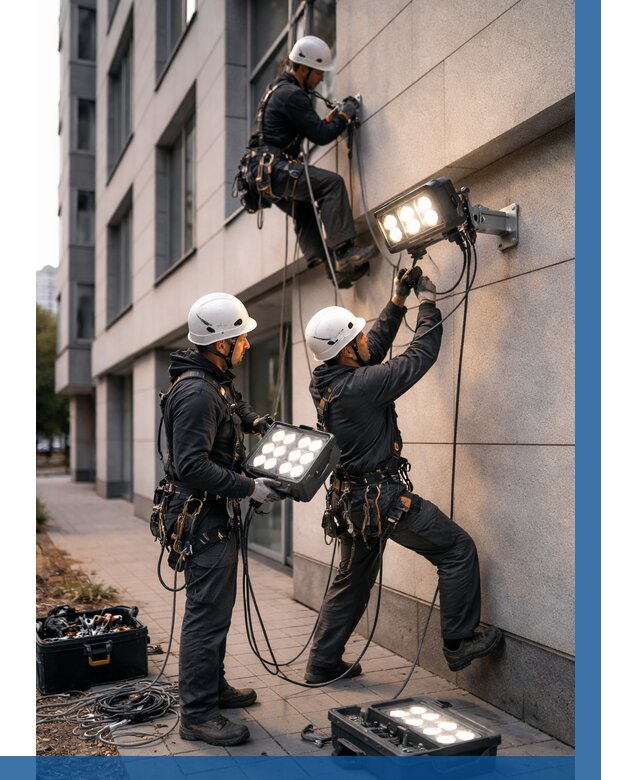 Монтаж прожекторов на фасаде в Новодвинске от 7670 р. | ВЫСОТНИК-Нвд