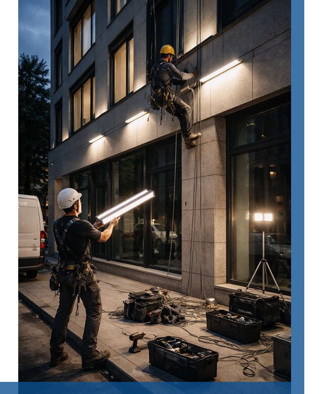 Монтаж архитектурной подсветки здания в Новодвинске от 2557 р.|ВЫСОТНИК-Нвд