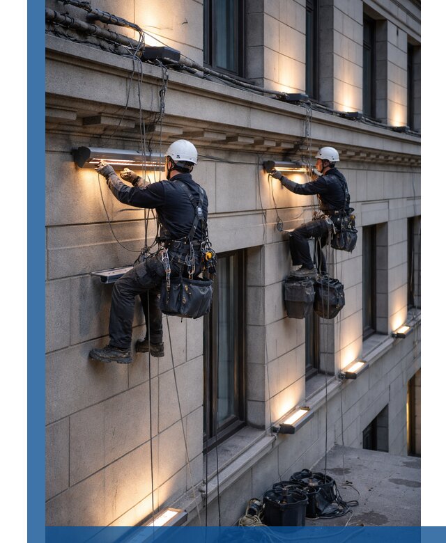 Монтаж архитектурной подсветки фасадов зданий в Новодвинске