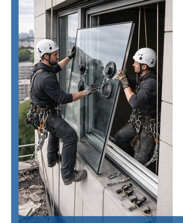 Замена стеклопакетов на высоте с промышленными альпинистами в Новодвинске