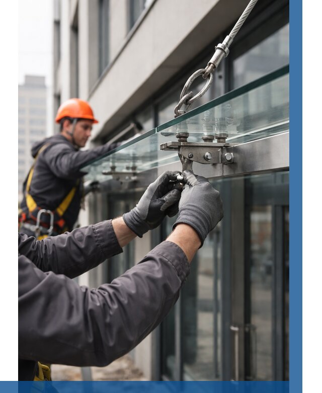 Монтаж стеклянных козырьков в Новодвинске от 8693 р. | ВЫСОТНИК-Нвд