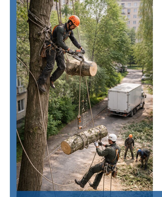 Спил деревьев альпинистами в Новодвинске, безопасно и без повреждений