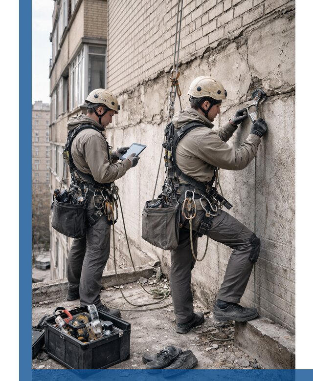 Обследование фасада промышленными альпинистами в Новодвинске